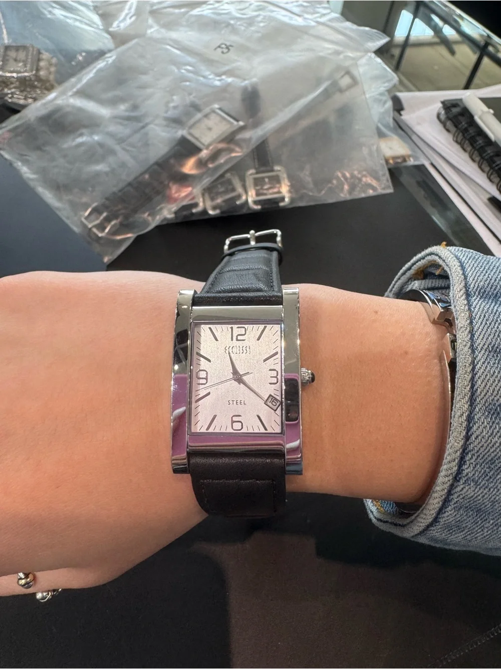 New Ecclissi Stainless Steel Tank-Style Rectangular Watch w/ Black Leather Band